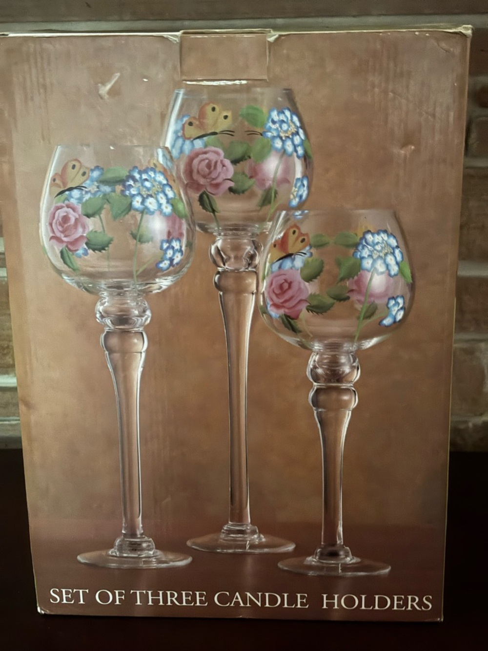 Hand-Painted Floral Glass Candle Holders - Set of 3